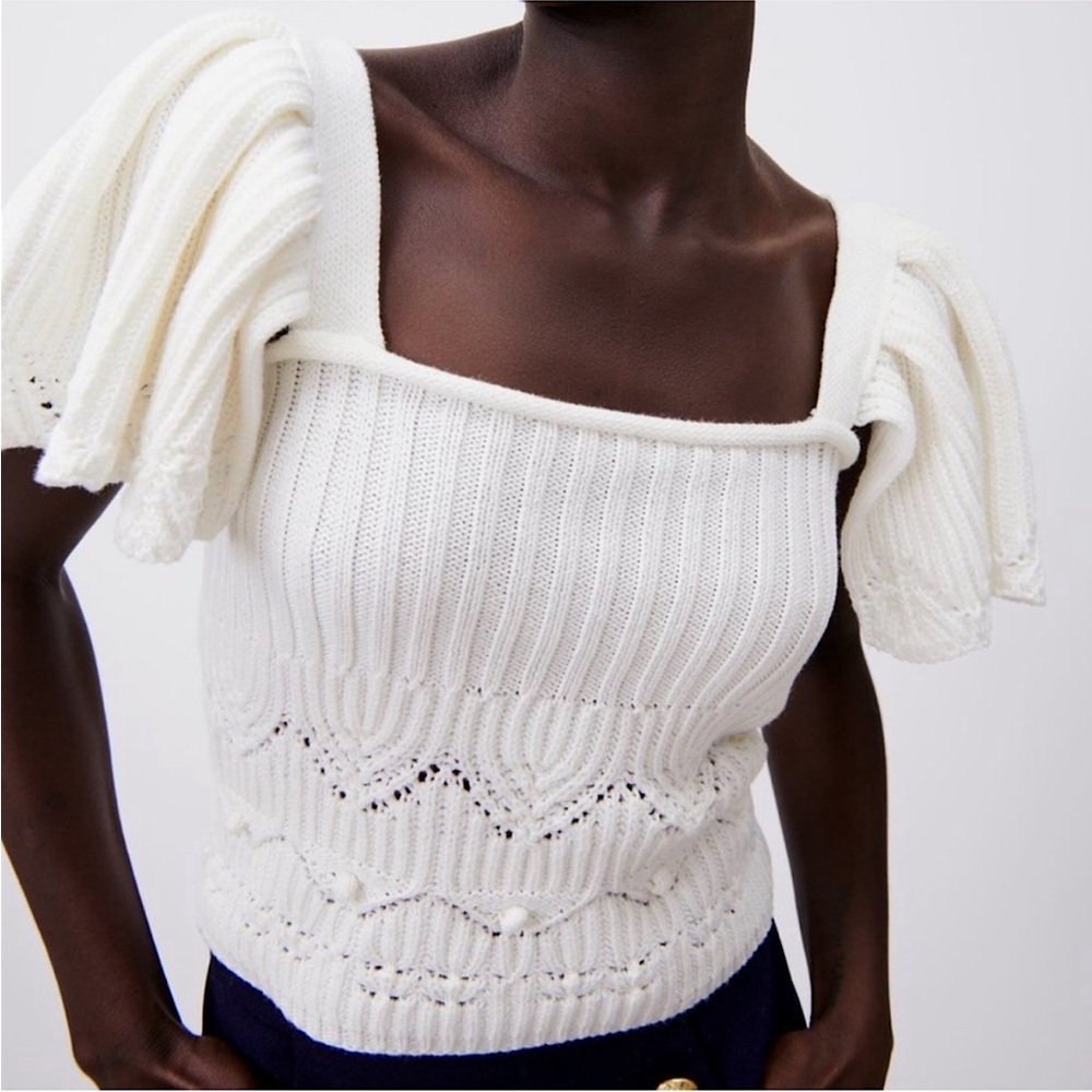 ZARA White Ruffle Sleeve Knit Top
